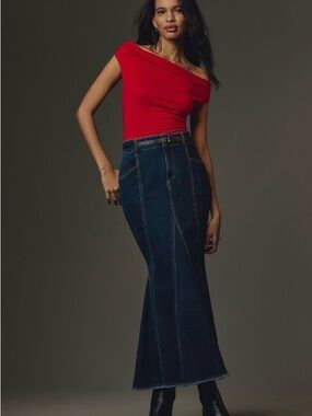 NWT Pilcro Dark Blue Denim Fluted Maxi Skirt (Med)